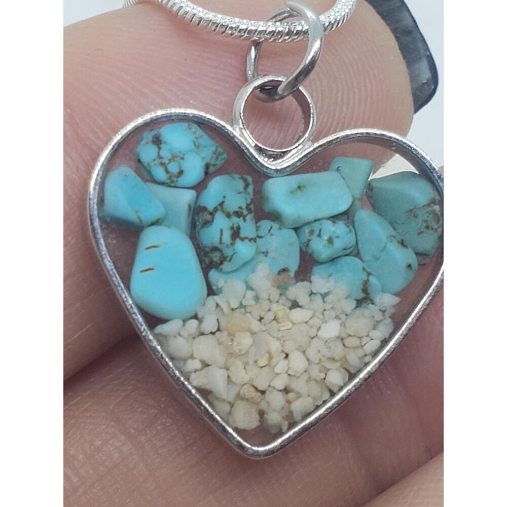 Heart Shaped Pendant Necklace Silver with Turquoise Chip & Beach Sand Inlay